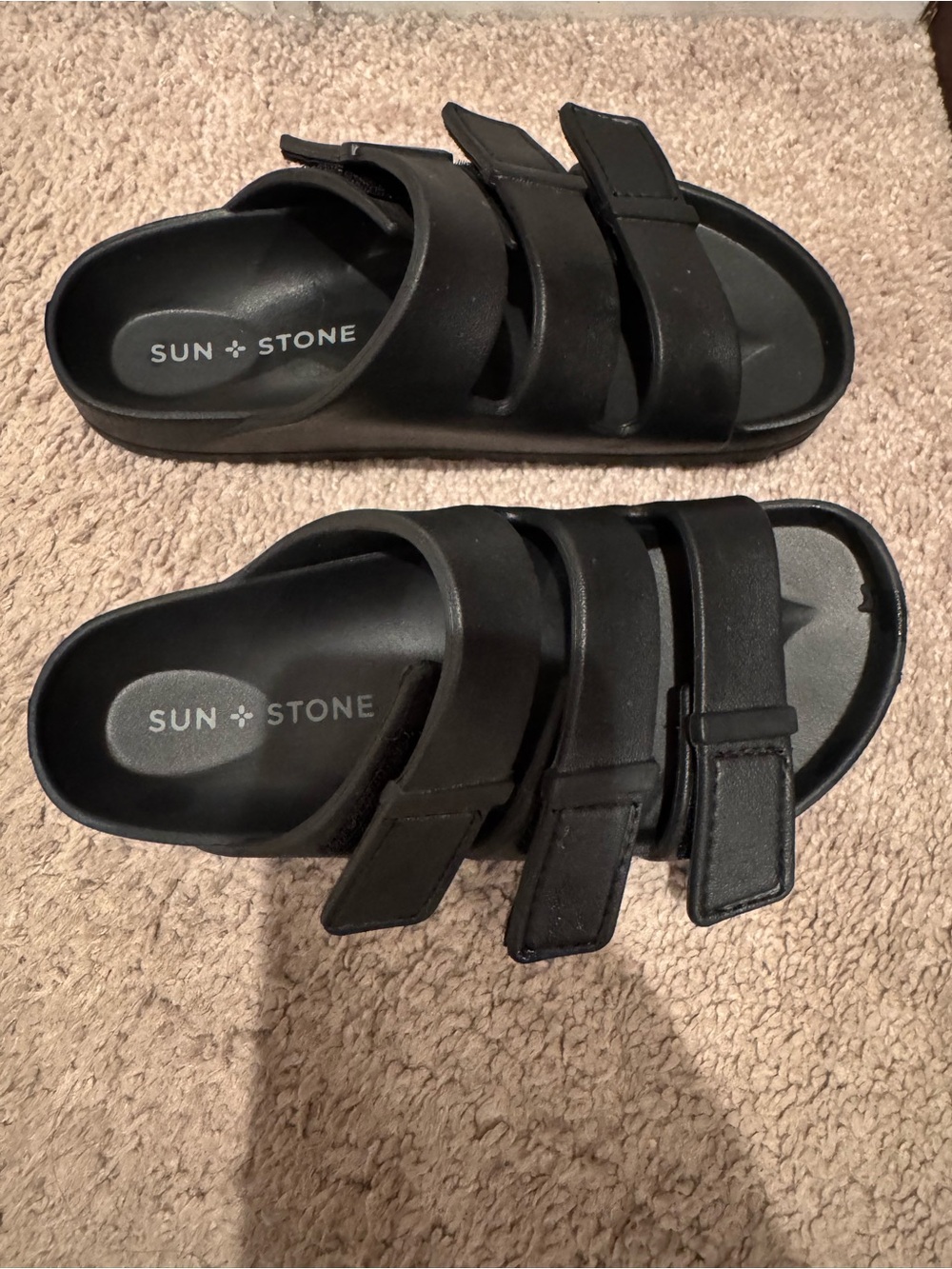 Sun + Stone Kids Black Triple-Strap Slide Sandals with Adjustable Straps Size 2